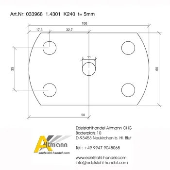 Edelstahl-Ankerplatte, 100/60/5 mm, mit Mittelbohrung - Skizze